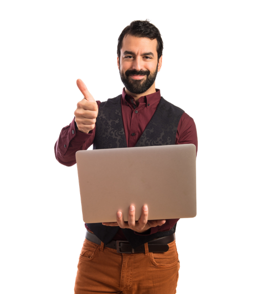 Student holding a laptop and giving thumbs up for best website development course in India