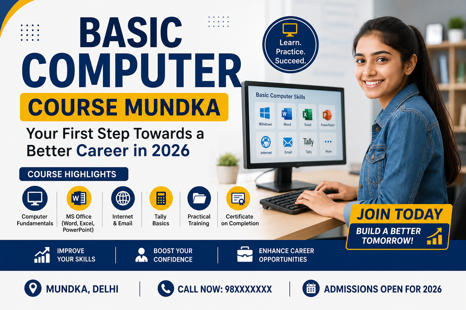 Professional promotional banner for a Basic Computer Course in Mundka featuring a smiling student using a desktop computer with course highlights including MS Office, Internet, Tally, and certificate training for 2026 admissions.