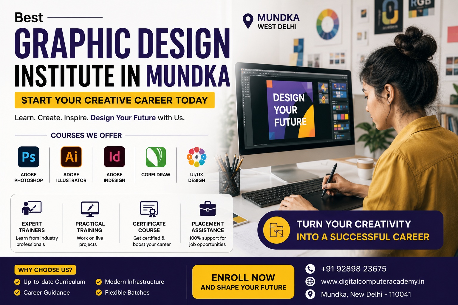 Best Graphic Design Institute in Mundka promotional banner featuring graphic design courses like Photoshop, Illustrator, InDesign, CorelDRAW, and UI/UX Design with a student working on creative projects.