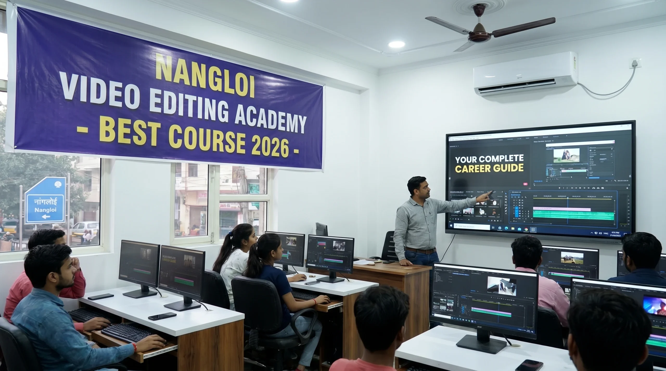 Best Video Editing Course in Nangloi – Students learning Adobe Premiere Pro at Nangloi Video Editing Academy 2026