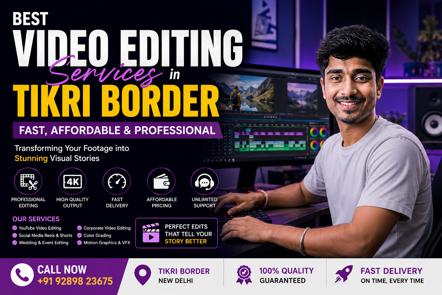Best Video Editing Services in Tikri Border promotional banner featuring a professional video editor working on cinematic editing software with 4K editing, fast delivery, and affordable pricing highlights.