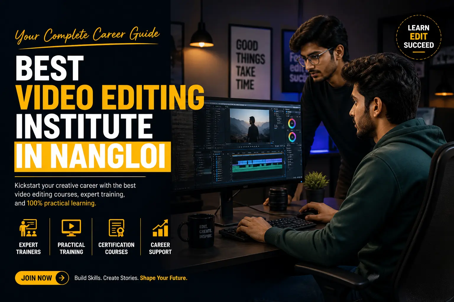 Students learning video editing in Nangloi institute with practical training and mentor guidance