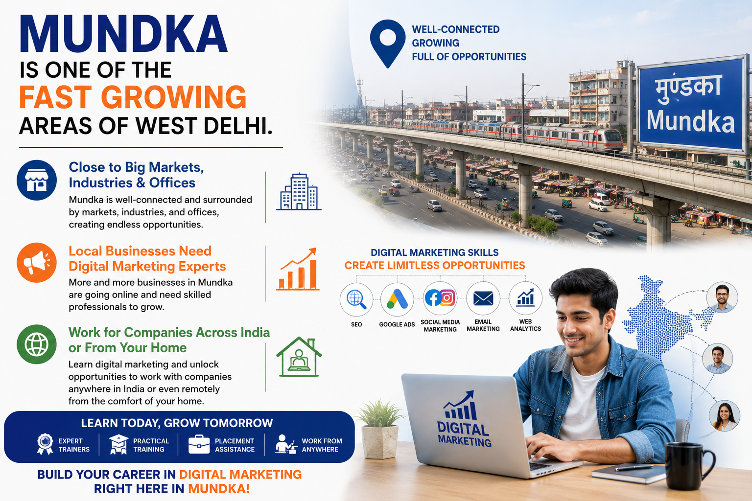 Best Digital Marketing Course in Mundka banner by Digital Computer Academy featuring a student with laptop, SEO, Google Ads, social media marketing, and practical training highlights.