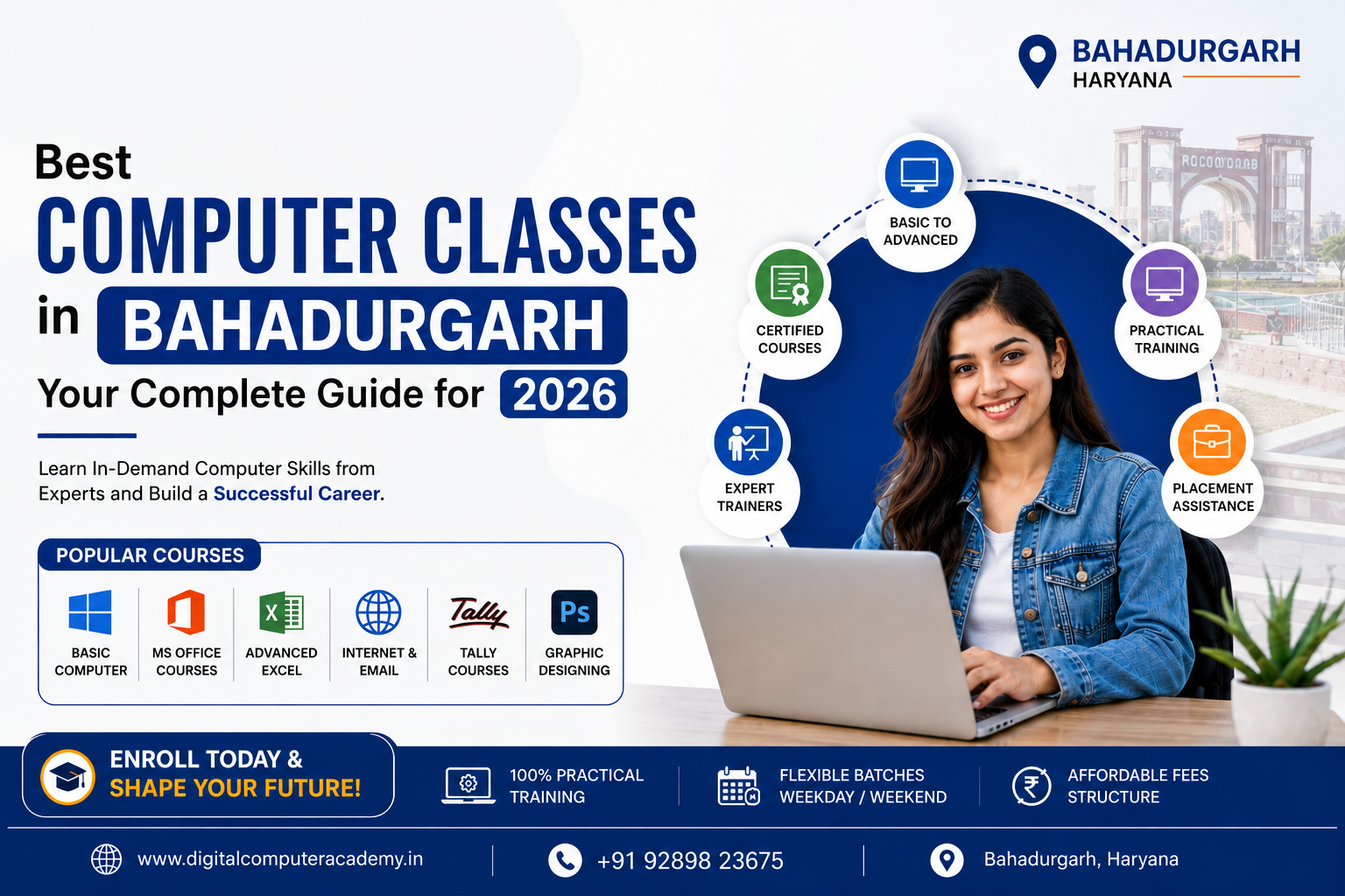 Best Computer Classes in Bahadurgarh 2026 banner featuring computer courses, practical training, expert trainers, and placement assistance with a student using a laptop.