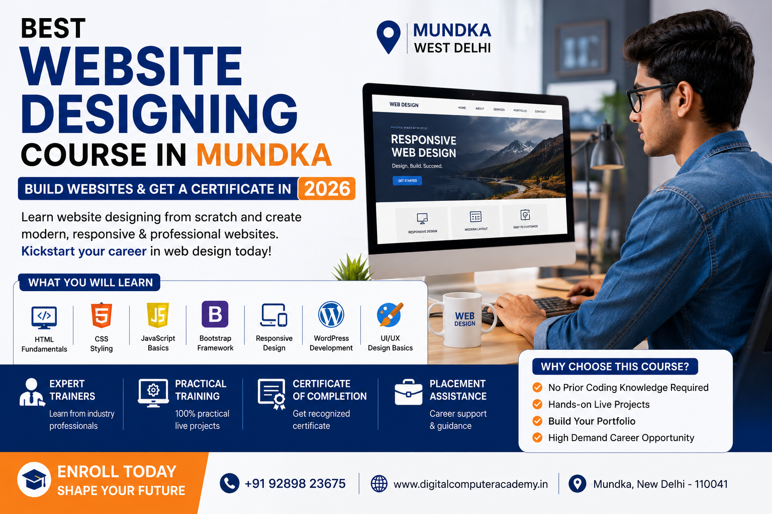 Best Website Designing Course in Mundka banner featuring web design training, HTML, CSS, JavaScript, WordPress, responsive design, and certificate course details.