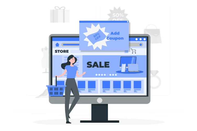E-commerce online store illustration with 50% off sale banner and discount coupon