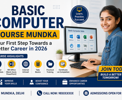 Professional promotional banner for a Basic Computer Course in Mundka featuring a smiling student using a desktop computer with course highlights including MS Office, Internet, Tally, and certificate training for 2026 admissions.