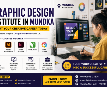 Best Graphic Design Institute in Mundka promotional banner featuring graphic design courses like Photoshop, Illustrator, InDesign, CorelDRAW, and UI/UX Design with a student working on creative projects.