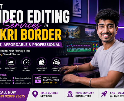 Best Video Editing Services in Tikri Border promotional banner featuring a professional video editor working on cinematic editing software with 4K editing, fast delivery, and affordable pricing highlights.