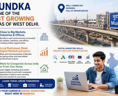 Best Digital Marketing Course in Mundka banner by Digital Computer Academy featuring a student with laptop, SEO, Google Ads, social media marketing, and practical training highlights.