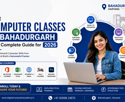 Best Computer Classes in Bahadurgarh 2026 banner featuring computer courses, practical training, expert trainers, and placement assistance with a student using a laptop.