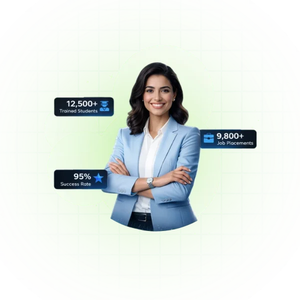Professional business woman with statistics showing 12500 plus trained students, 9800 job placements, and 95 percent success rate