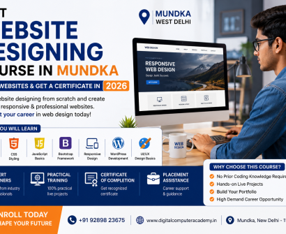 Best Website Designing Course in Mundka banner featuring web design training, HTML, CSS, JavaScript, WordPress, responsive design, and certificate course details.